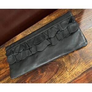 HOBO INTERNATIONAL Black Leather Double Ruffled Leather Clutch Purse